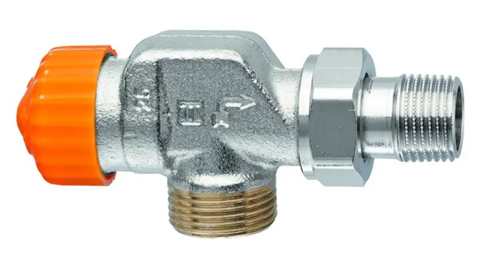 Thermostatventilunterteil aus Metall mit rotem Kunststoffkopf. Geeignet für Heizsysteme, hergestellt von IMI Hydronic Engineering. Gewindeanschlüsse an beiden Enden.